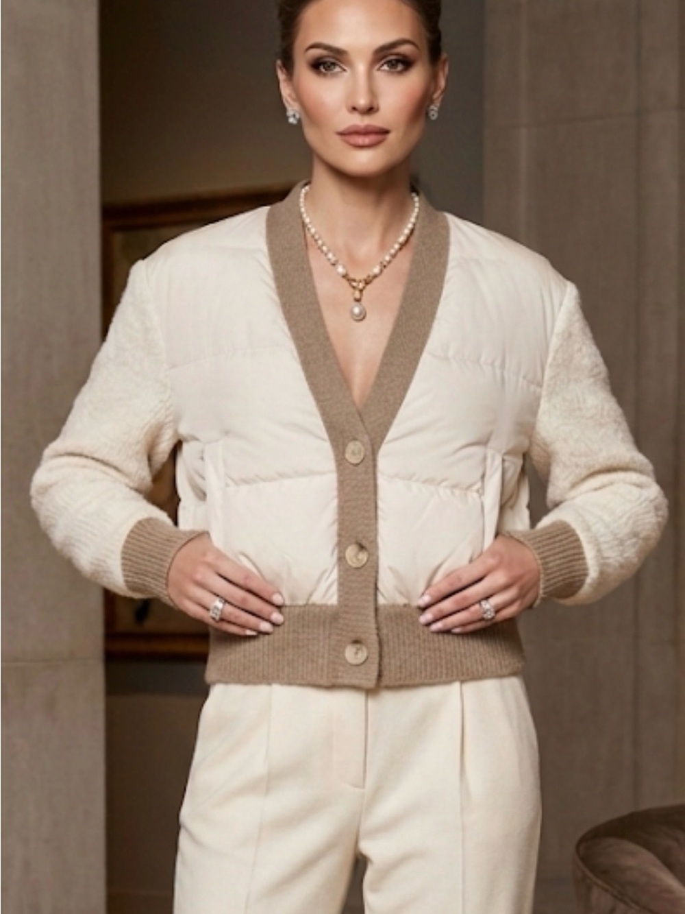 NVLT Cream Puffer Cardigan Jacket Mixed Media Knit Quilted Cropped Womens Medium